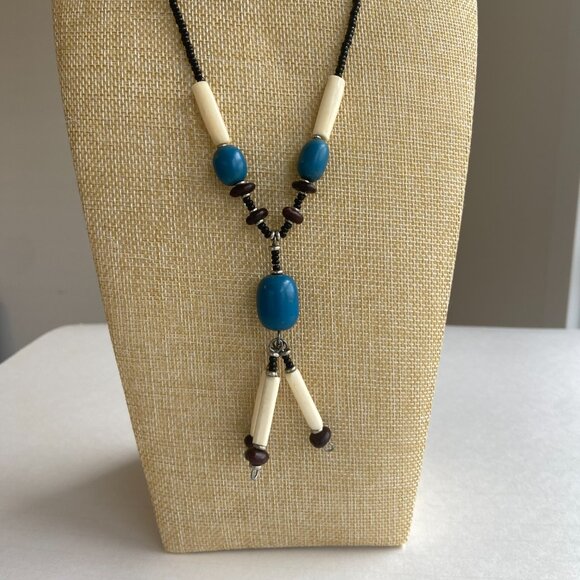 Long Dangle Necklace Black, White & Blue Beads - Picture 2 of 10